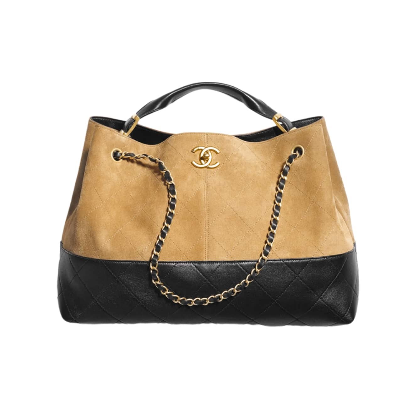 59-1 Chanel Shopping Bag Shiny And Gold Tone Metal Beige Black 36Cm AS5657 B20827 U1536 - Image 1