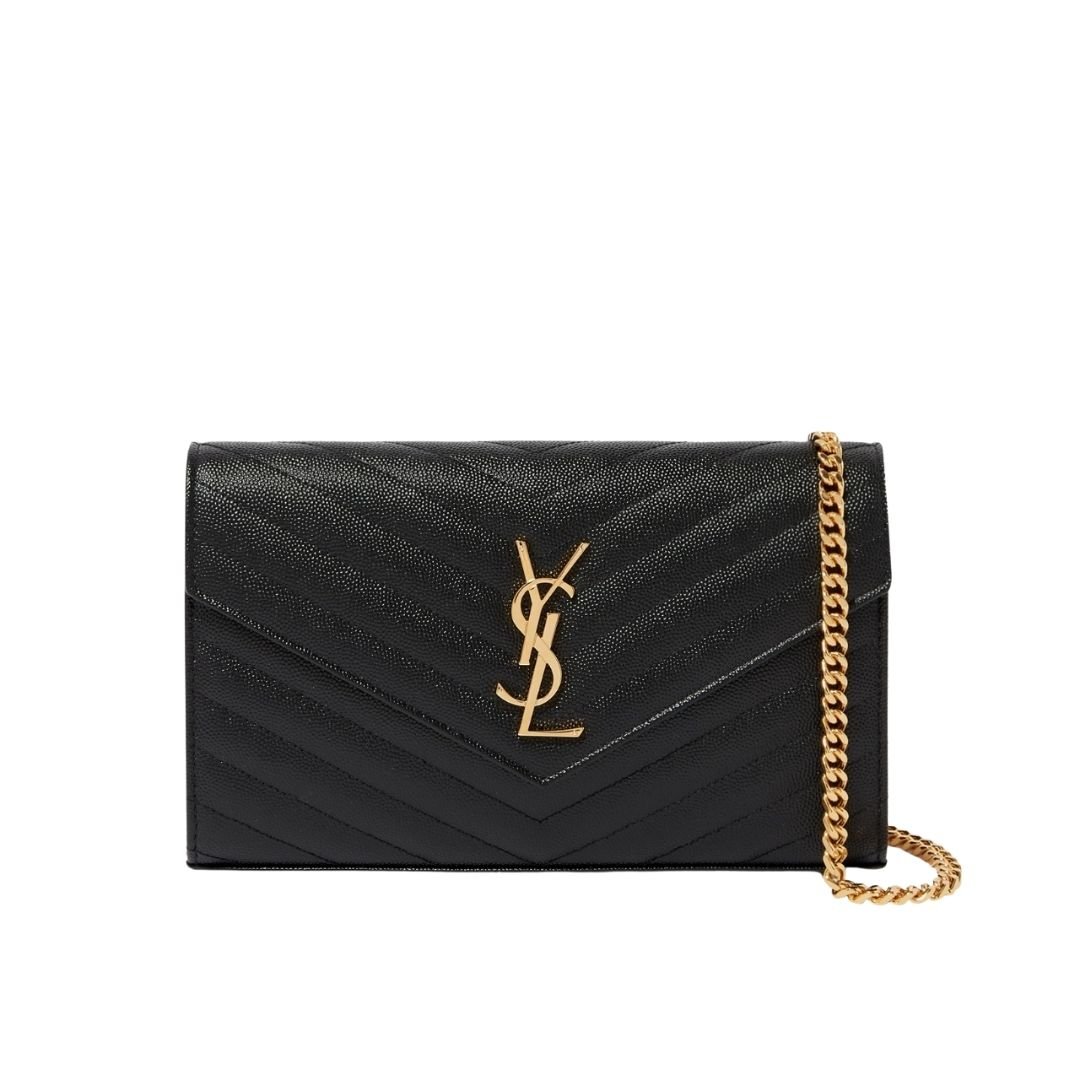 Thumbnail-11-9-1 Saint Laurent Cassandre Matelassé Chain Wallet In Grain De Poudre Embossed Black Gold 22Cm 377828BOW011000 - Image 1